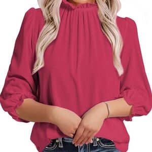Women Long Sleeve Work/Casual Top Ruffle Mock Neck Blouse Shirt